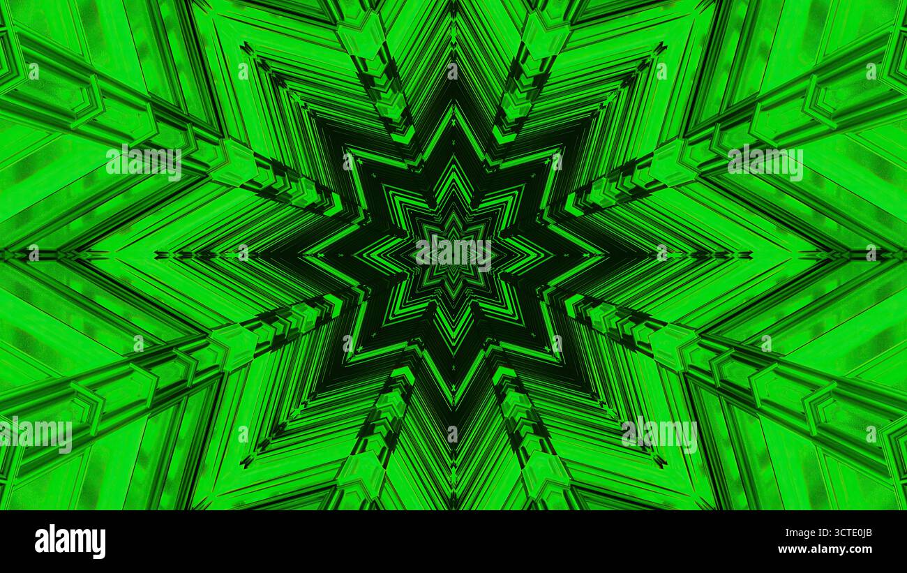 Una vivace forma a stella verde riempie l'inquadratura, mostrando intricati motivi geometrici. La struttura crea un effetto visivo ipnotico, ideale per l'arte Foto Stock