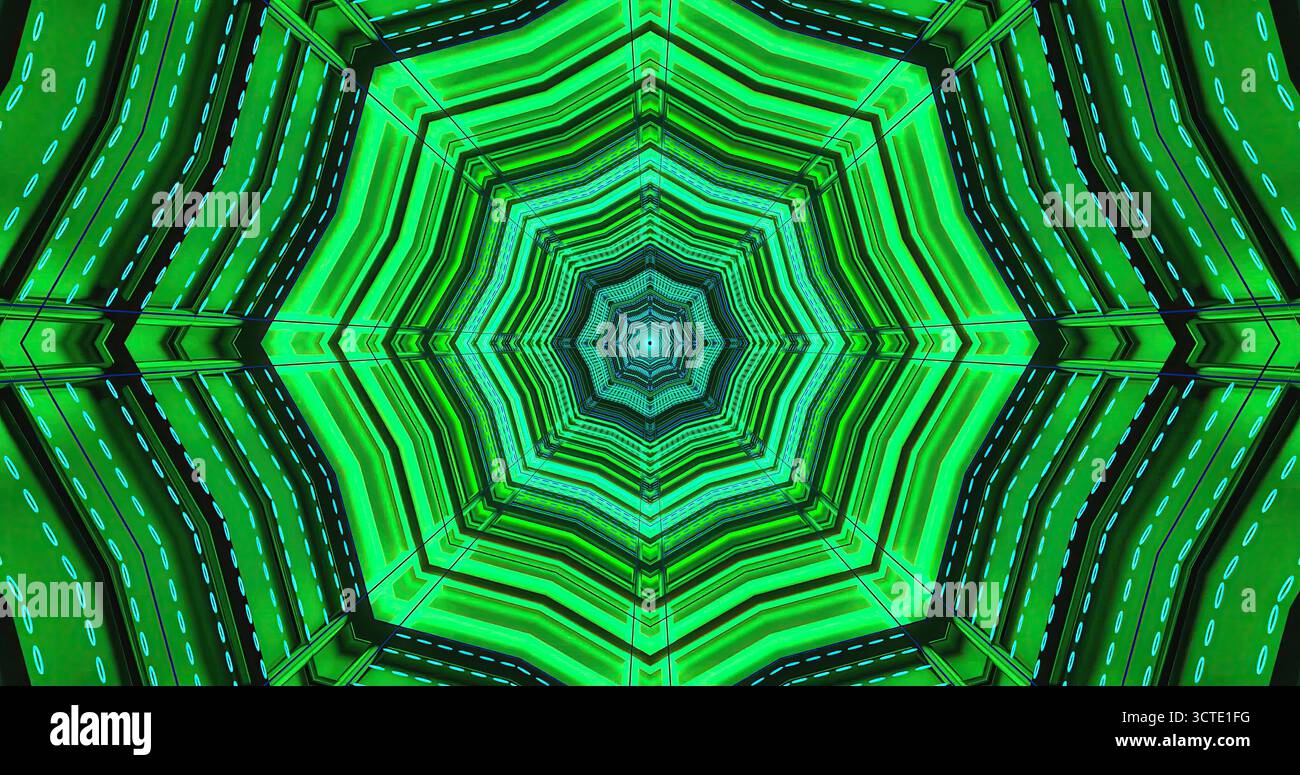 Design sofisticato caratterizzato da un motivo a stella ripetuto con linee verdi e nere. La scena crea un effetto visivo ipnotico che attira l'attenzione Foto Stock