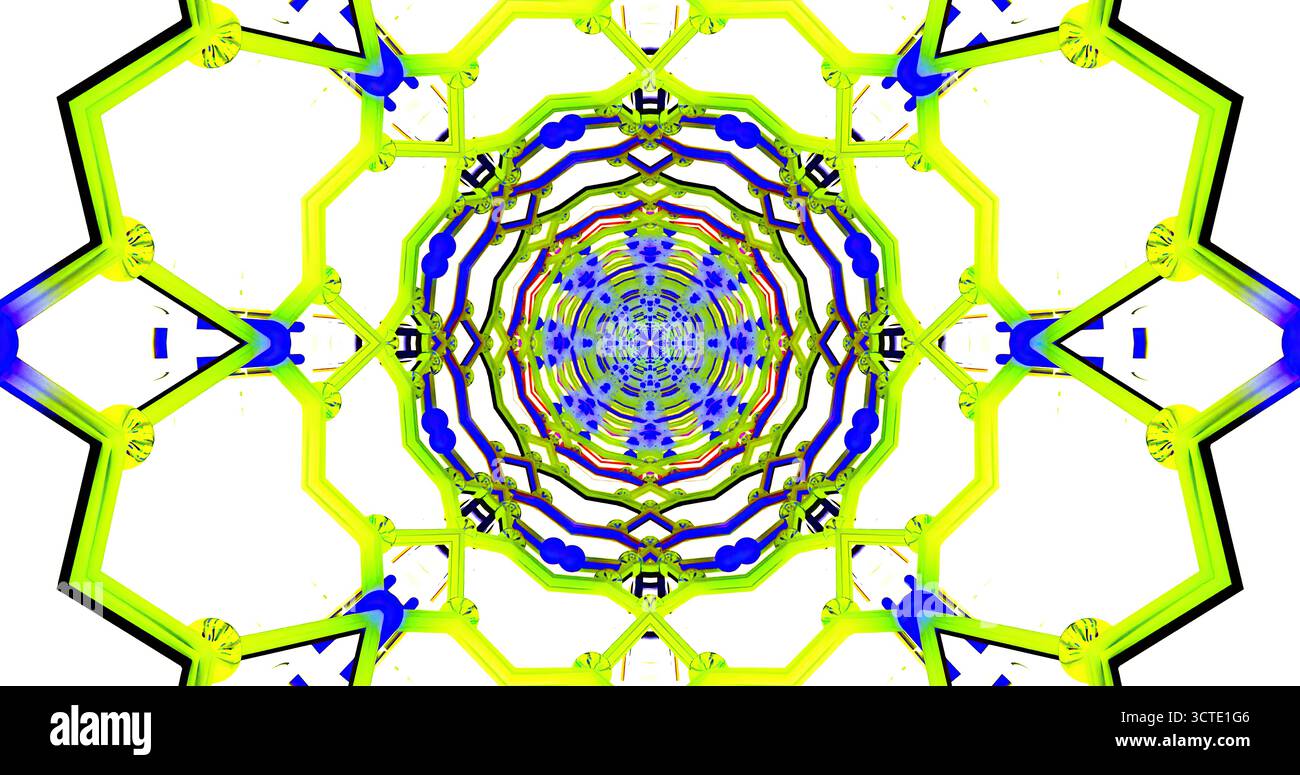 I coloratissimi motivi vorticosi creano un design astratto che mostra sfumature di blu, verde e giallo in un'affascinante disposizione circolare Foto Stock