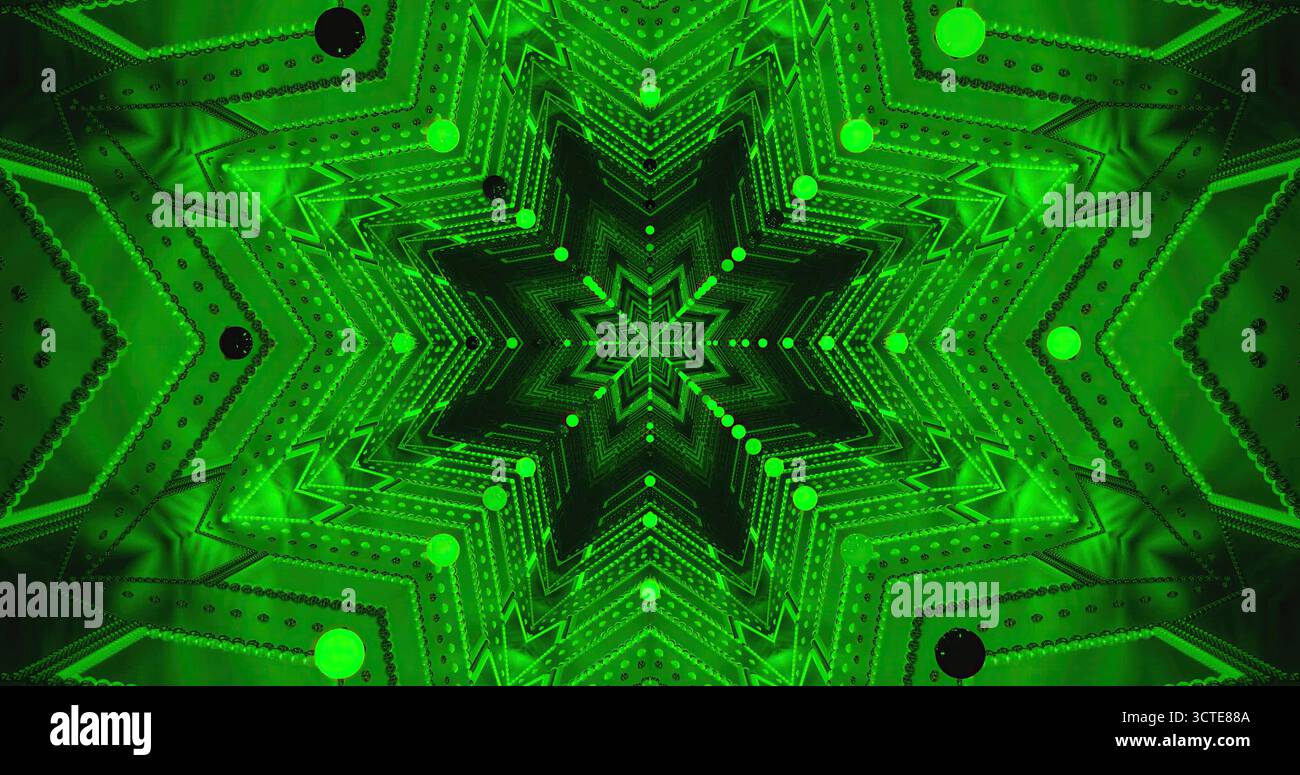 I motivi astratti di colore verde brillante formano un sorprendente design simmetrico, caratterizzato da forme a stella ed elementi circolari. Foto Stock
