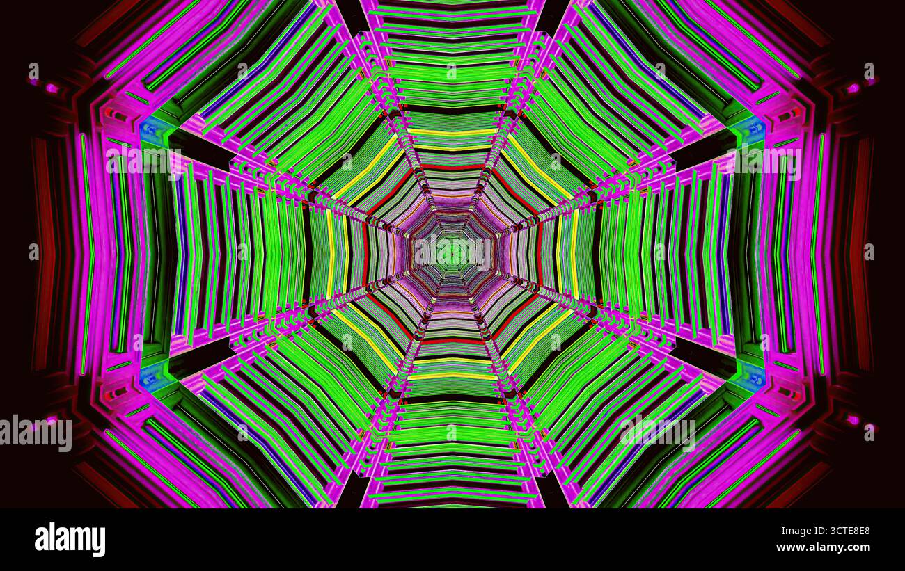 Questo modello presenta un design vivace e astratto caratterizzato da fantasie intricate in colori vivaci come rosa, verde e viola. Le forme creano un mesmerizi Foto Stock