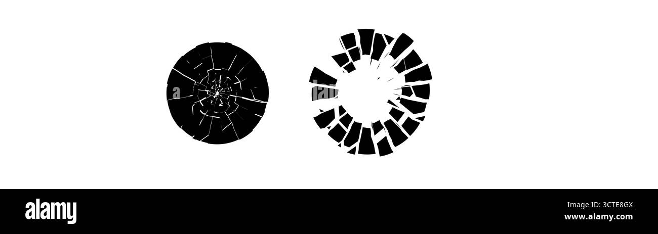 Consistenza circolare in vetro incrinato con frammenti taglienti frantumati. Effetto burst astratto in bianco e nero per temi di impatto o esplosione. Design vettoriale moderno, perfetto per logo, poster o concept vfx. Illustrazione Vettoriale