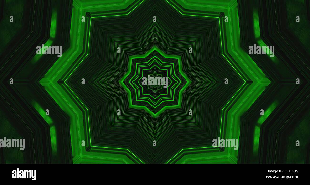 Il design a forma di stella verde brillante crea un ipnotico motivo geometrico su uno sfondo scuro. Questa straordinaria grafica attira lo spettatore nel suo reparto Foto Stock