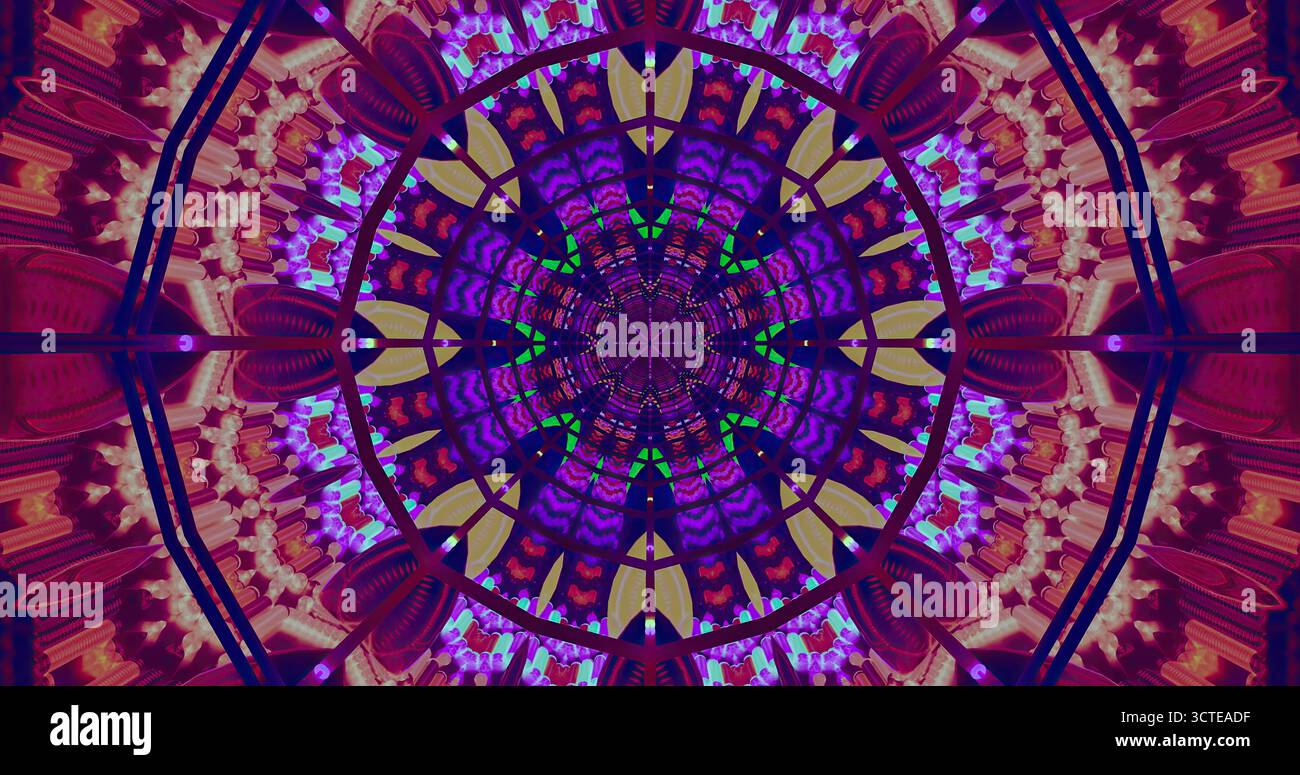 I vivaci motivi geometrici riempiono lo spazio, somigliando alle opere d'arte in vetro colorato. I colori brillanti e le forme complesse creano un effetto visivo ipnotico Foto Stock