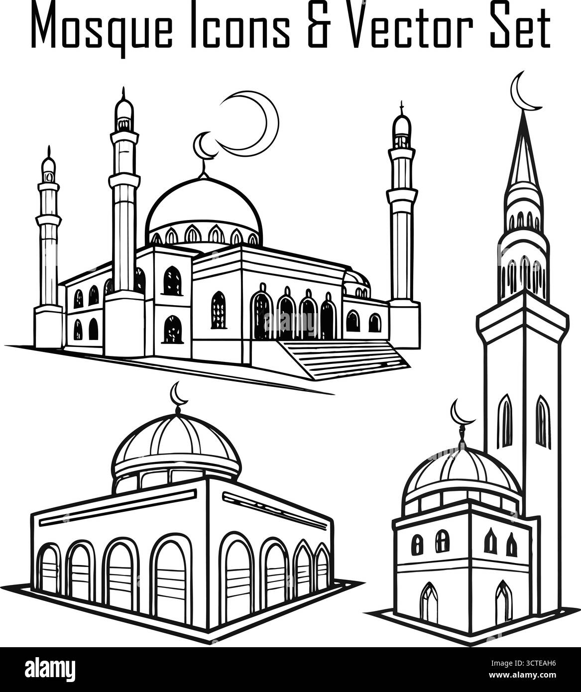 Set di icone della moschea, collezione di simboli dell'architettura islamica e dell'edificio religioso, illustrazione del minareto e del vettore a cupola Illustrazione Vettoriale