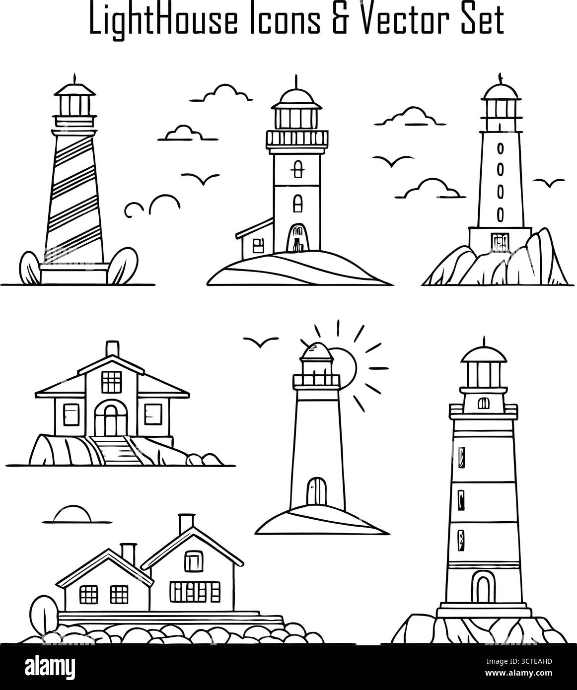 Set icone faro, raccolta simboli navigazione nautica e costiera, illustrazione Mare, Oceano e vettore marittimo Illustrazione Vettoriale