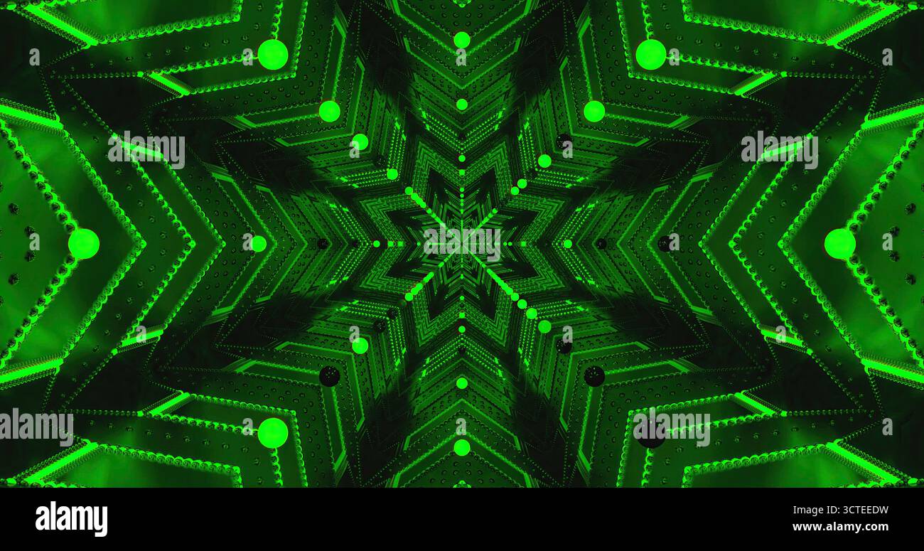 Le forme geometriche verdi brillanti creano un design accattivante, con angoli nitidi e punti rotondi che conferiscono profondità all'opera. La disposizione crea un st Foto Stock