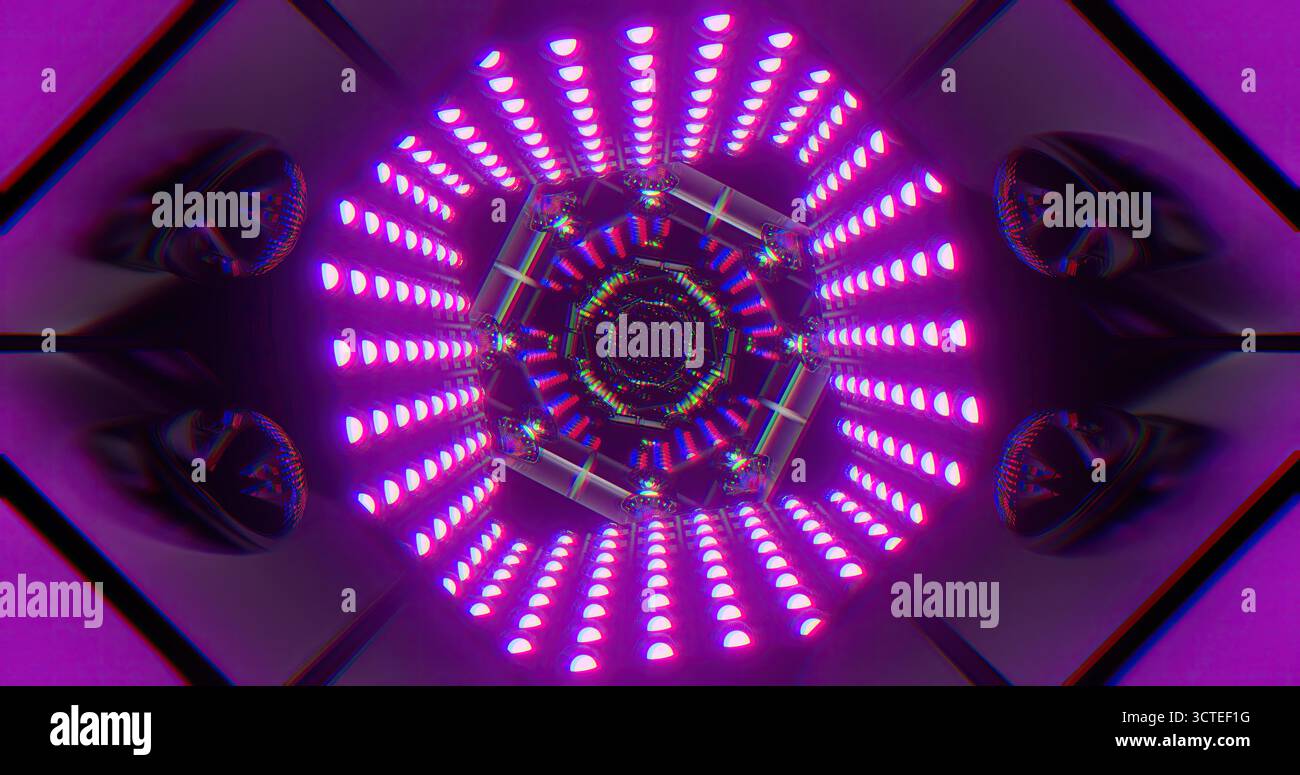 Un vivace tunnel di luci presenta un motivo vorticoso nelle sfumature di viola e rosa. La scena cattura gli spettatori con il suo design dinamico e colorato Foto Stock