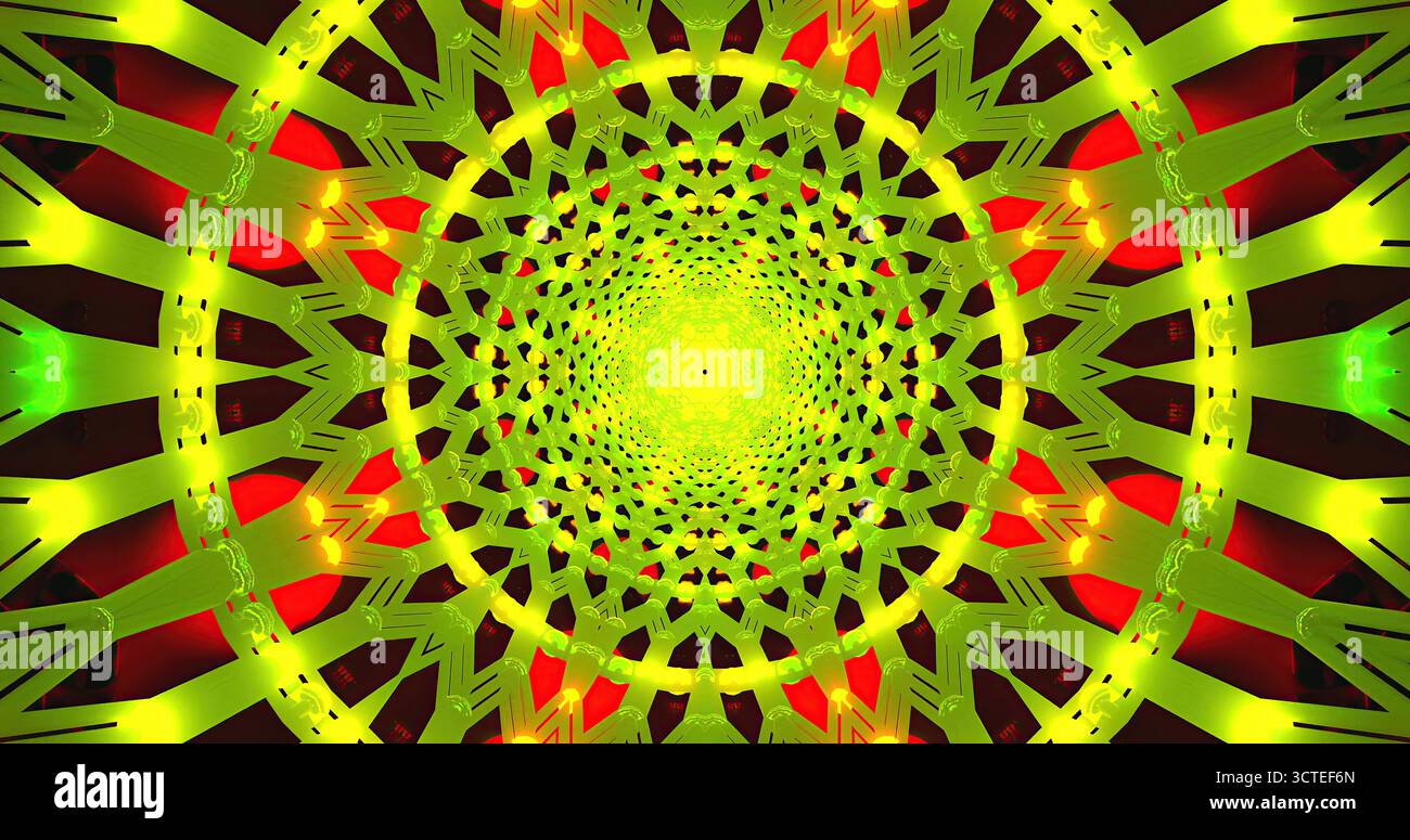 Un vivace motivo geometrico mette in mostra forme complesse in tonalità verde, rosso e giallo. Il design crea un effetto visivo affascinante disegnando il Foto Stock