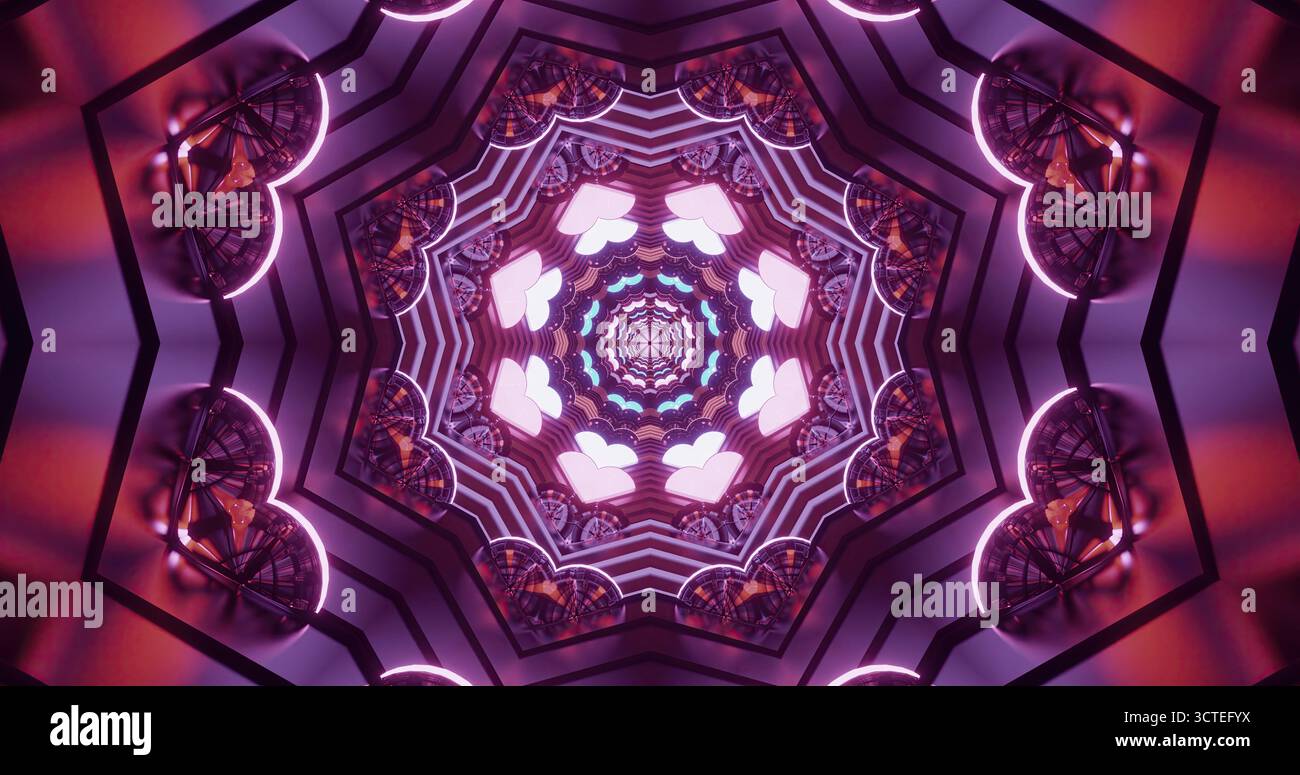 Luci luminose e varie forme creano un ipnotico motivo caleidoscopio. Colori vorticosi e design simmetrici creano un'atmosfera coinvolgente e vivace Foto Stock