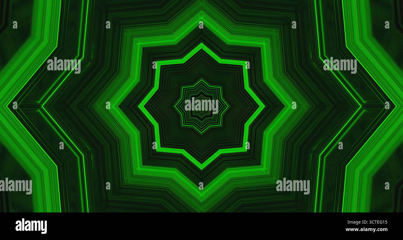 Il design presenta una vibrante forma a stella composta da varie linee e bordi verdi. Questo disegno astratto crea un effetto ipnotico, disegnando l'occhio i. Foto Stock