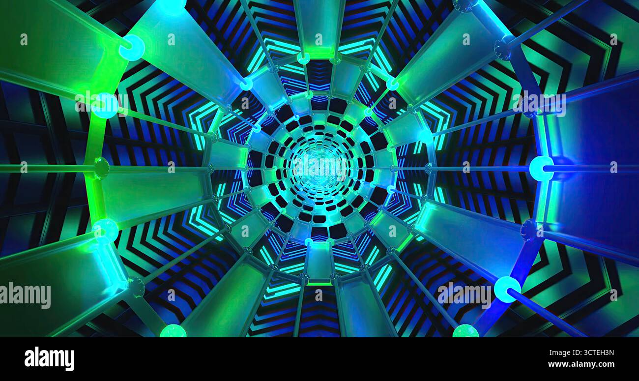 Un vivace tunnel a spirale presenta luci al neon brillanti e intricati motivi geometrici. I colori blu e verde brillante creano un'esperienza visiva accattivante Foto Stock