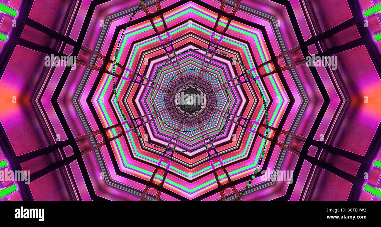 Un tunnel affascinante con un motivo esagonale ripetuto risplende di colori brillanti. Le luci al neon creano un'atmosfera vivace, invitando gli spettatori a partecipare Foto Stock