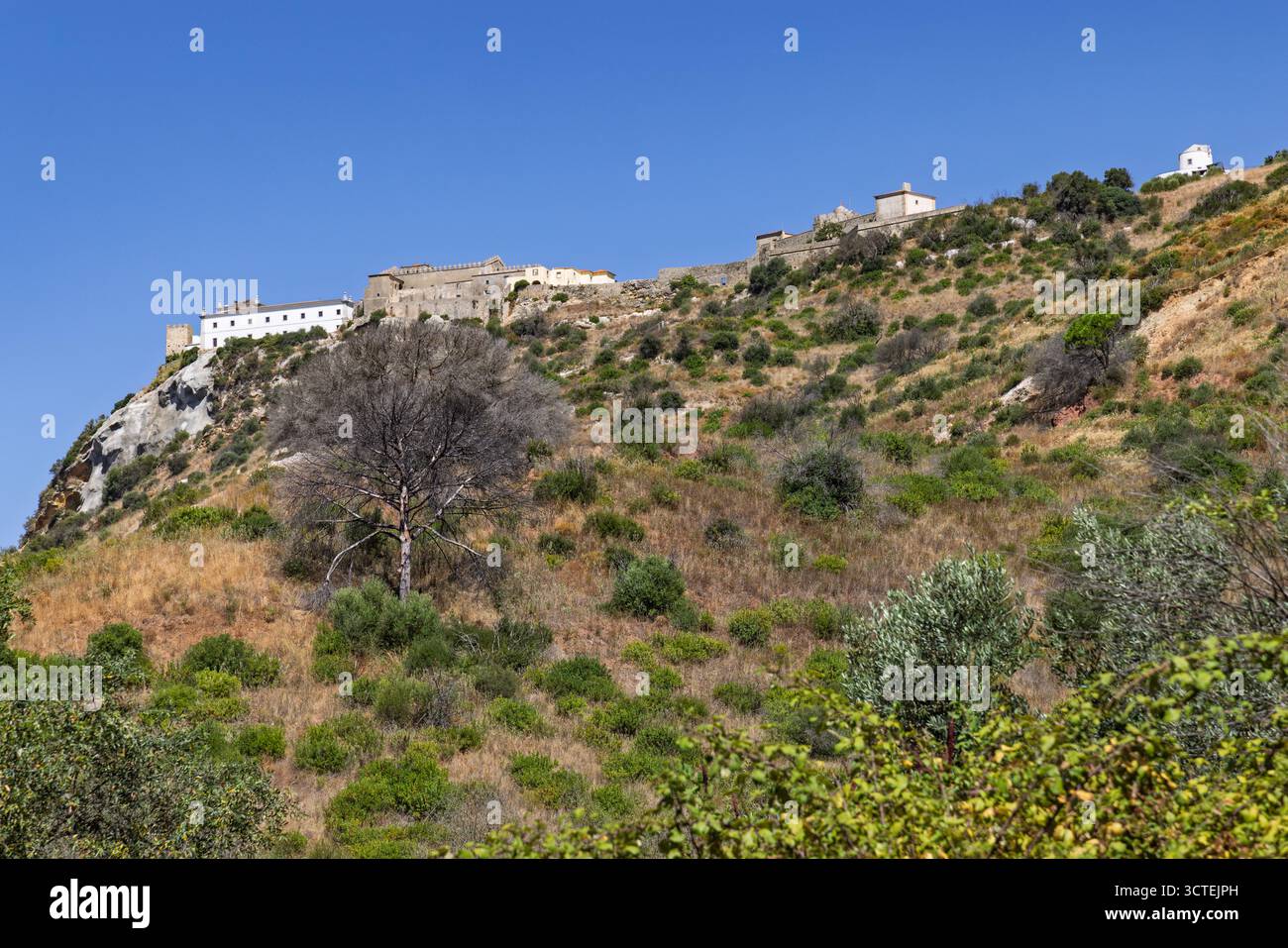 La storica fortezza del castello di Palmela incorona un'aspra collina asciutta, dimostrando la sua posizione strategica affacciata sui circostanti landesc portoghesi Foto Stock