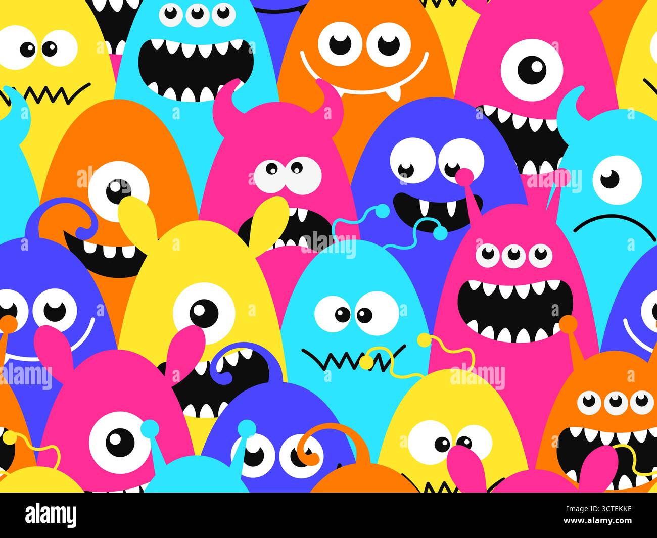 Fantasia colorata senza cuciture con simpatici mostri cartoni animati. Personaggi divertenti e giocosi con colori arcobaleno brillanti, perfetti per il design dei bambini, Halloween Illustrazione Vettoriale