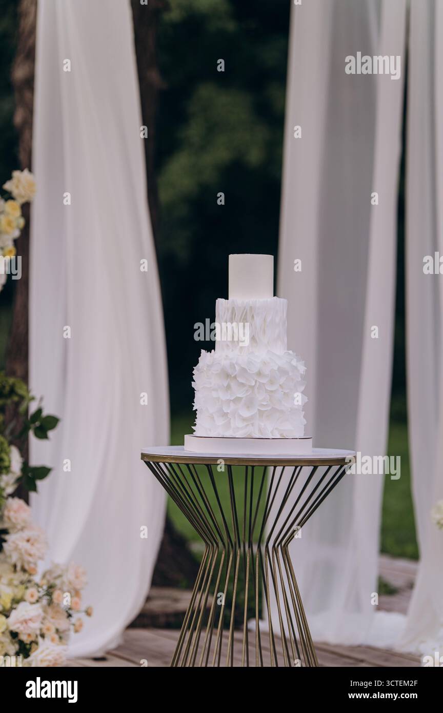 Una splendida torta nuziale bianca, decorata con delicate texture floreali, si erge in modo prominente su un tavolo chic. Lo sfondo presenta tendaggi morbidi e delicati Foto Stock