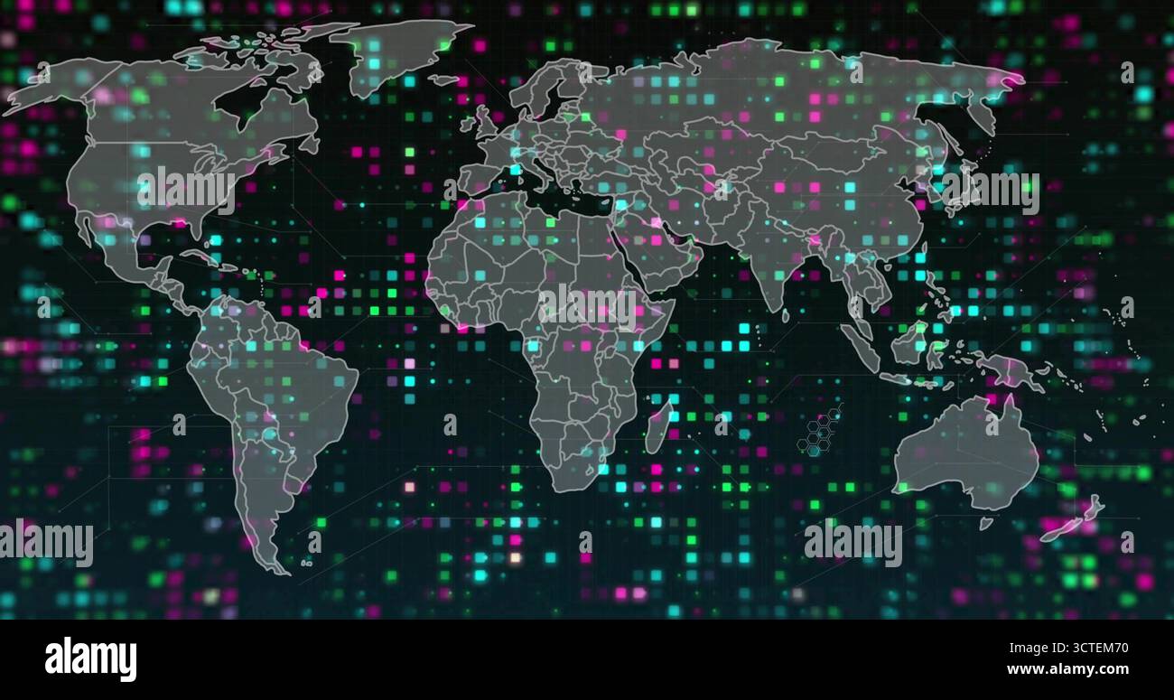 Visualizzazione della mappa mondiale nel dashboard digitale, con contorni della mappa nodi dati al neon ciano magenta verde Foto Stock