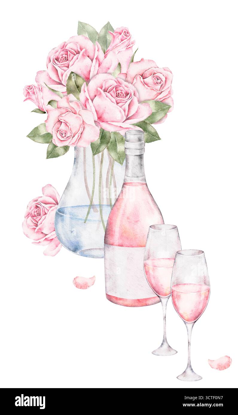 Composizione acquerello con rose rosa in un vaso di vetro e una bottiglia di spumante con due bicchieri su sfondo bianco. Perfetto per San Valentino Foto Stock