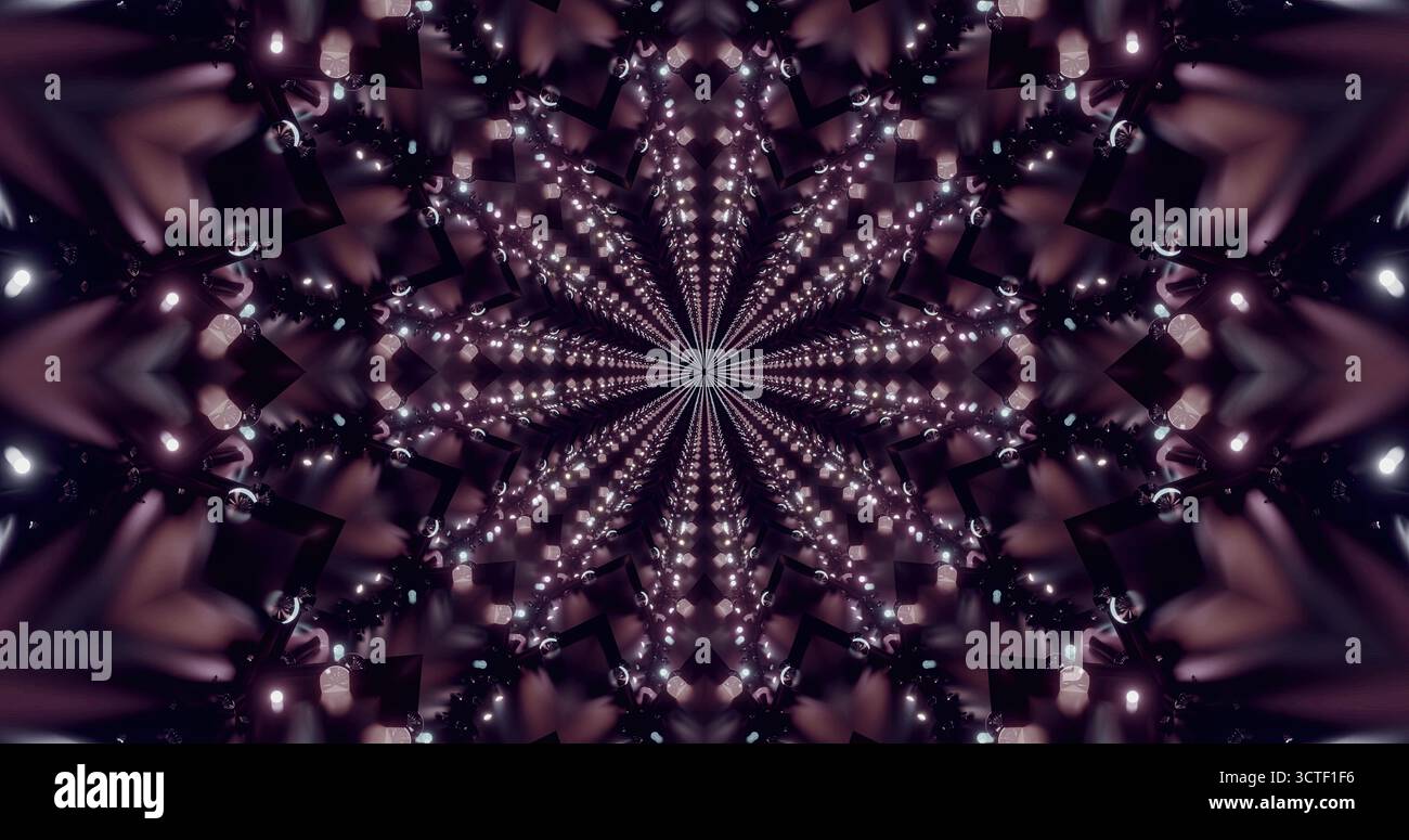 I motivi vivaci e colorati creano un incredibile effetto caleidoscopio. Il design simmetrico a stella migliora l'impatto visivo con forme e luce vivaci, Foto Stock