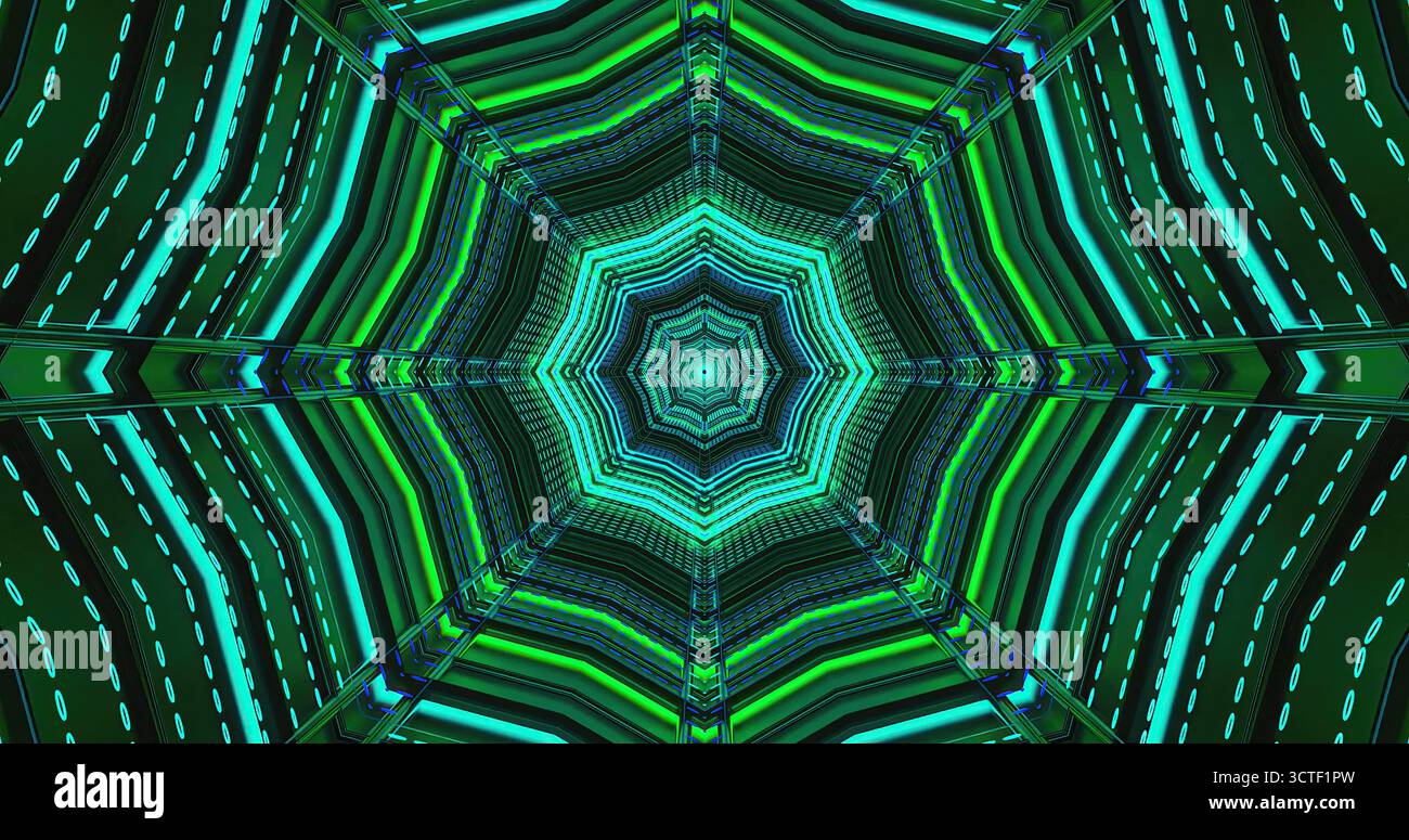 Questa opera d'arte presenta un sorprendente design geometrico creato da linee colorate in verde e blu. Il motivo a stella simmetrico cattura l'attenzione con esso Foto Stock