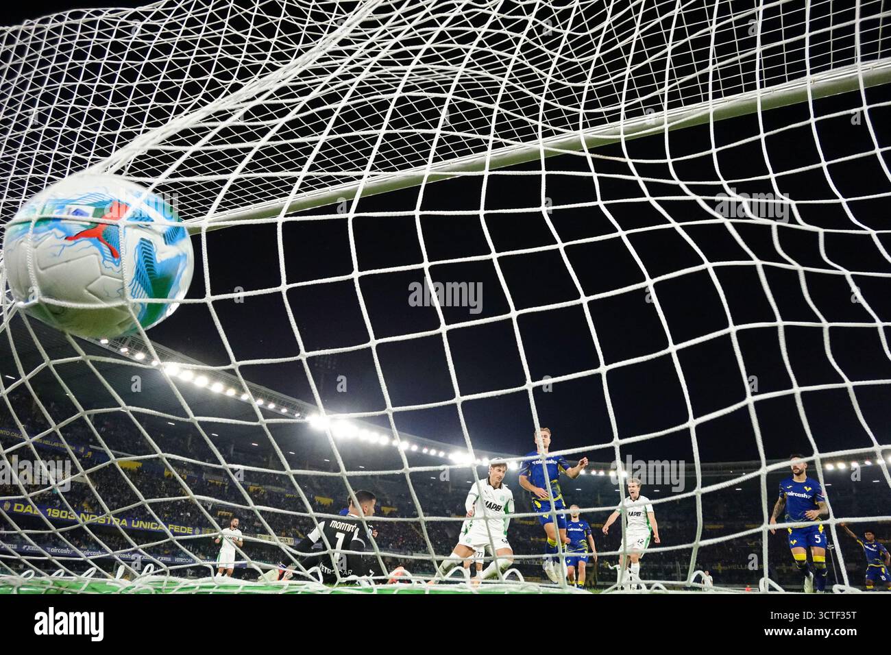 Andrea Pinamonti dello US Sassuolo calcio segna il primo gol durante la partita di calcio tra Hellas Verona FC e US Sassuolo, MD6 di serie A Enilive i Foto Stock