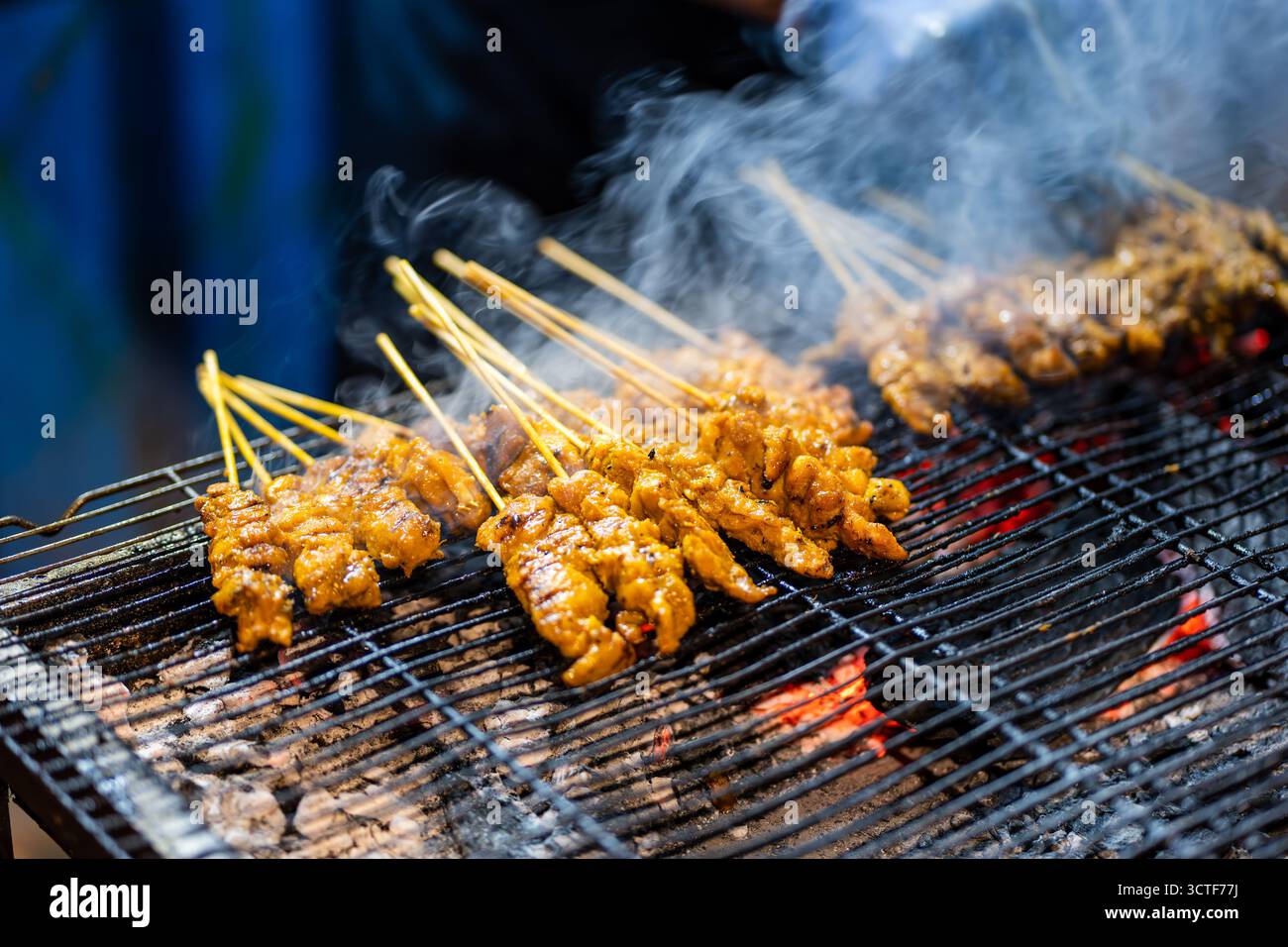 Satay indonesiano, o Sate, spiedini di carne, maiale, pollo, montone, manzo con salsa di arachidi. Cibo di strada popolare in Indonesia e Malesia Foto Stock