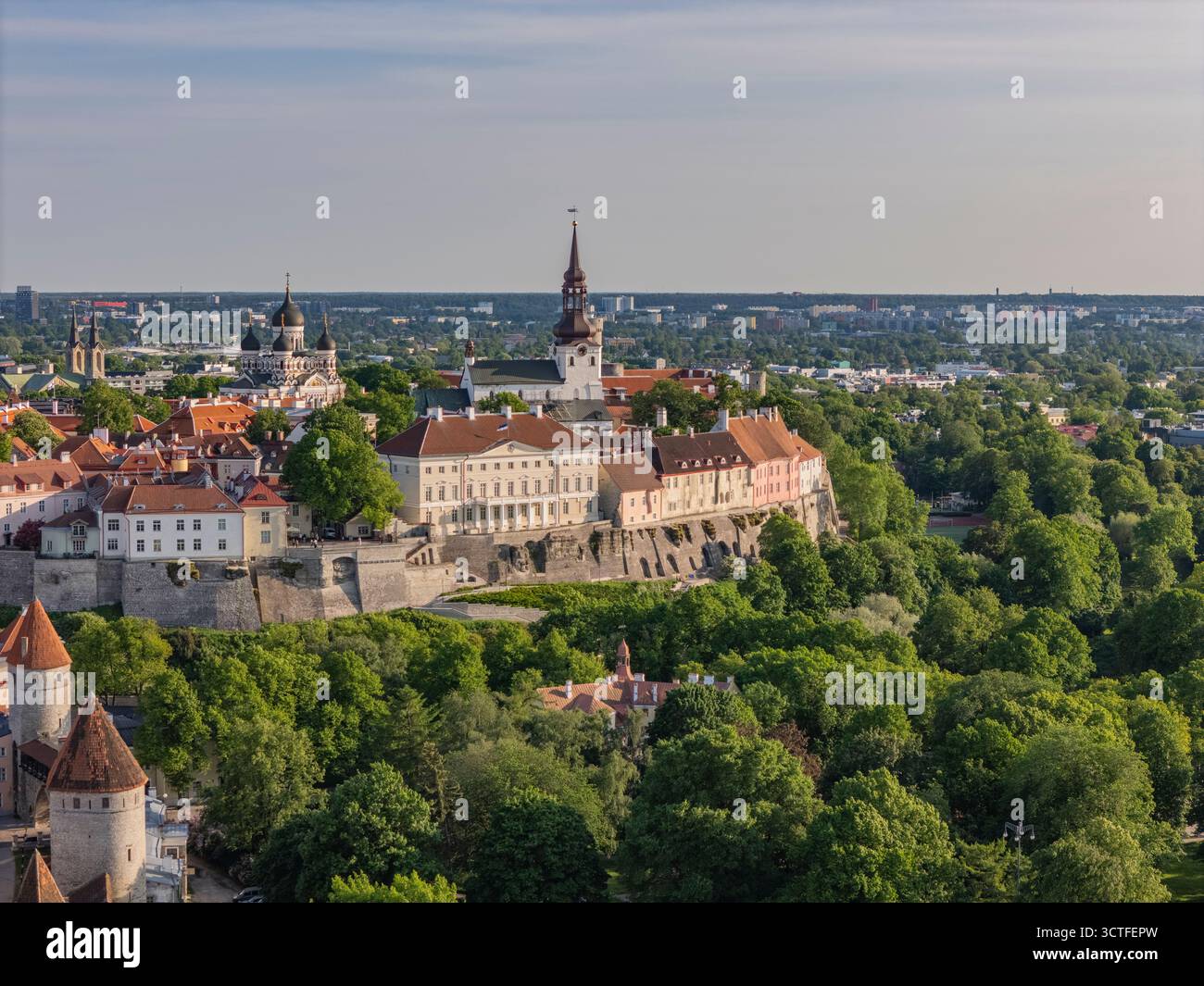 Vista aerea verso la collina Toompea nella città vecchia di Tallinn Foto Stock