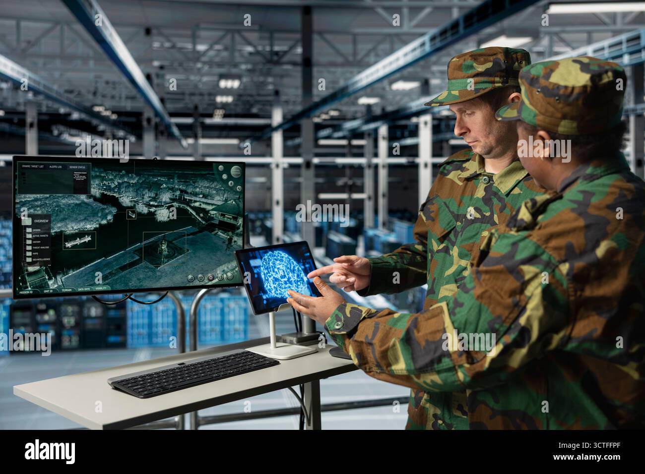Esperti militari nel data center che esaminano i feed di sorveglianza dei droni utilizzando l'intelligenza artificiale su tablet. Unità dell'esercito in sala server high-tech che eseguono operazioni di ricognizione sul campo di battaglia utilizzando l'intelligenza artificiale Foto Stock
