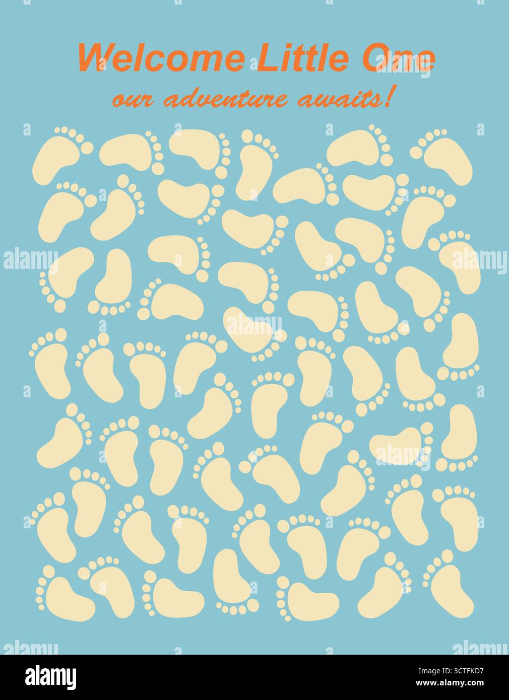 Modello di poster per bambini con impronte di neonati su sfondo blu. Illustrazione vettoriale con i luoghi di ritrovo degli ospiti per la festa Illustrazione Vettoriale