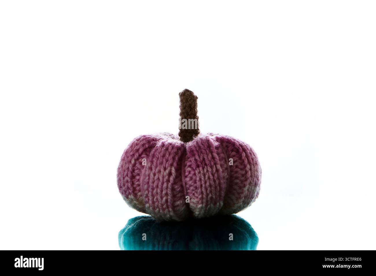 Zucca a maglia rosa singola con gambo marrone isolato su sfondo bianco che rappresenta un'accogliente raccolta autunnale fatta a mano e decorazioni artigianali di Halloween Foto Stock