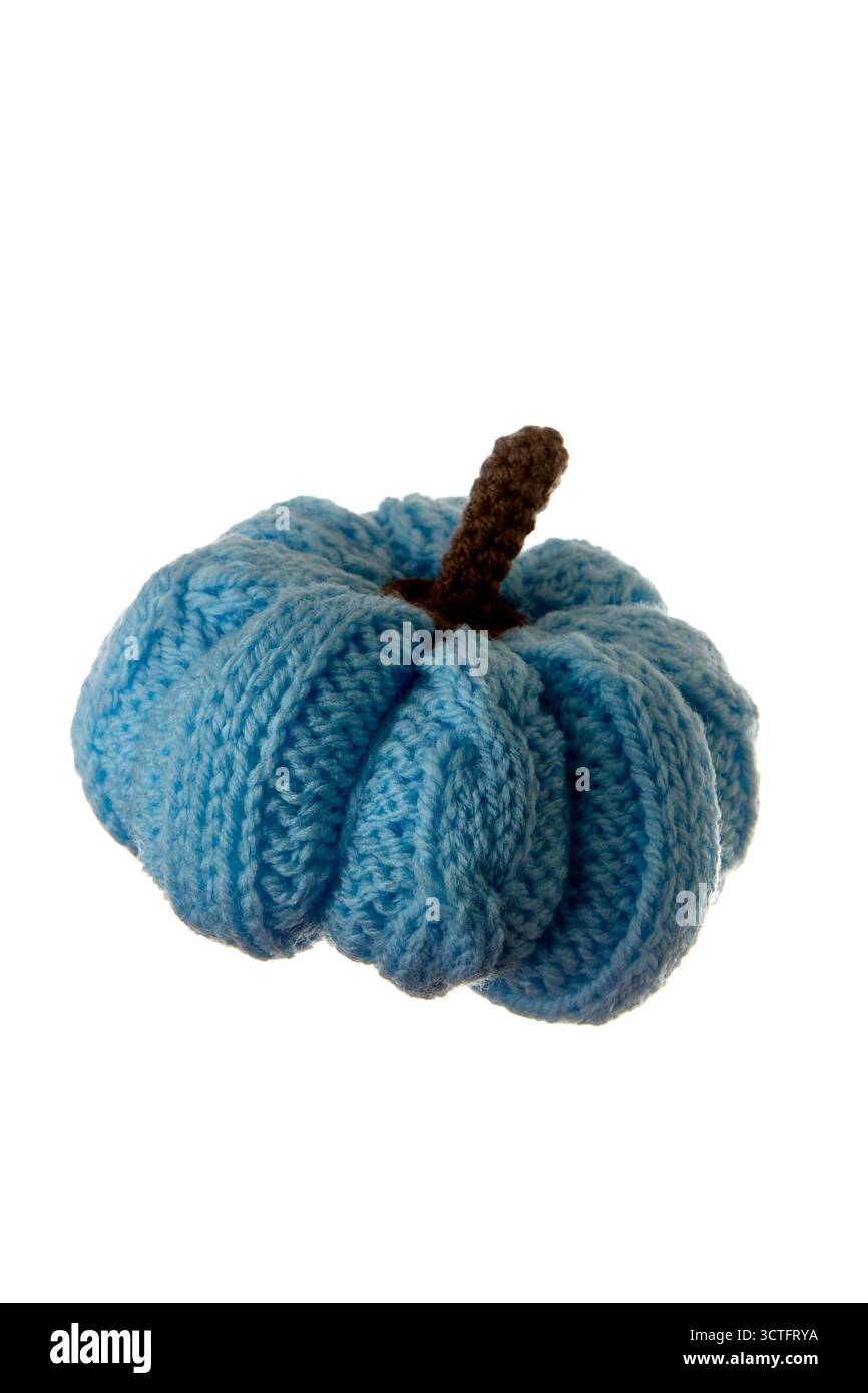 Vista ravvicinata di una zucca lavorata a mano in maglia blu isolata su sfondo bianco. Perfetto per progetti creativi fai-da-te, decorazioni autunnali o prodotti artigianali p Foto Stock