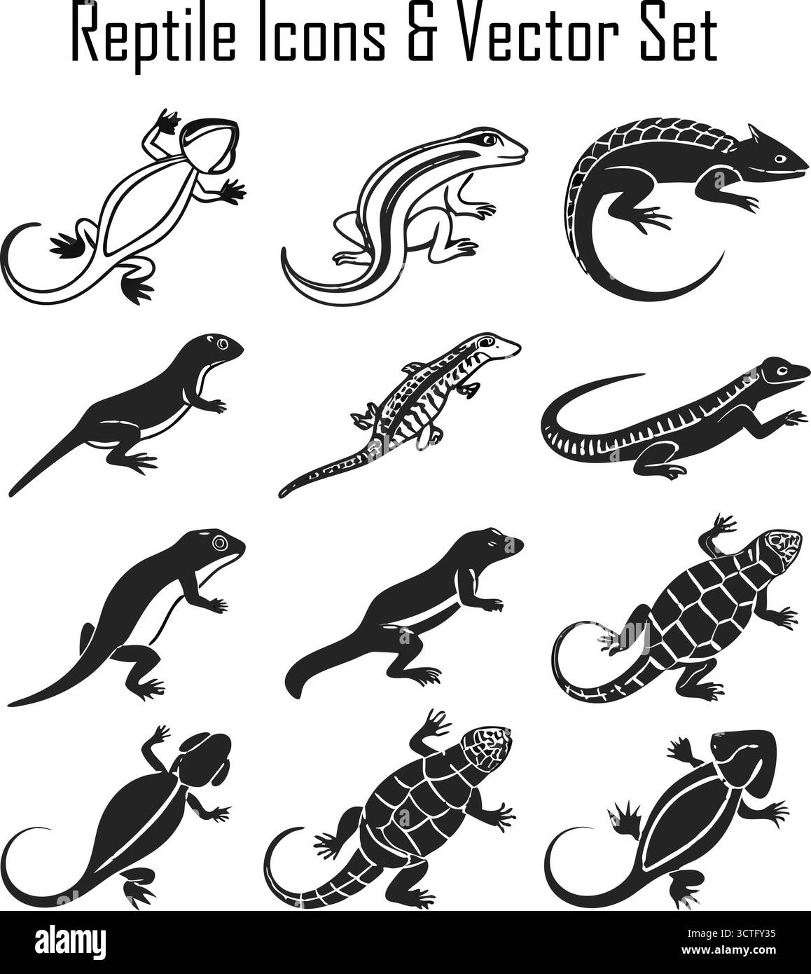 Illustrazione del vettore rettile: Concetto di design Lizard, serpente, coccodrillo e animale tartaruga in stile piatto Illustrazione Vettoriale