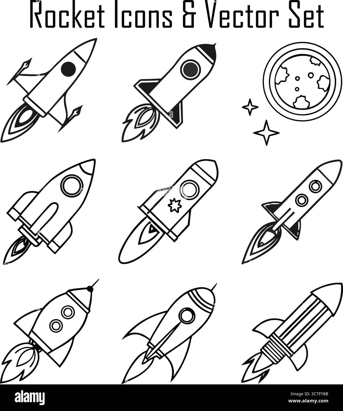 Set icone razzo: Esplorazione spaziale, lancio, astronomia, illustrazione vettoriale della scienza e della tecnologia Illustrazione Vettoriale