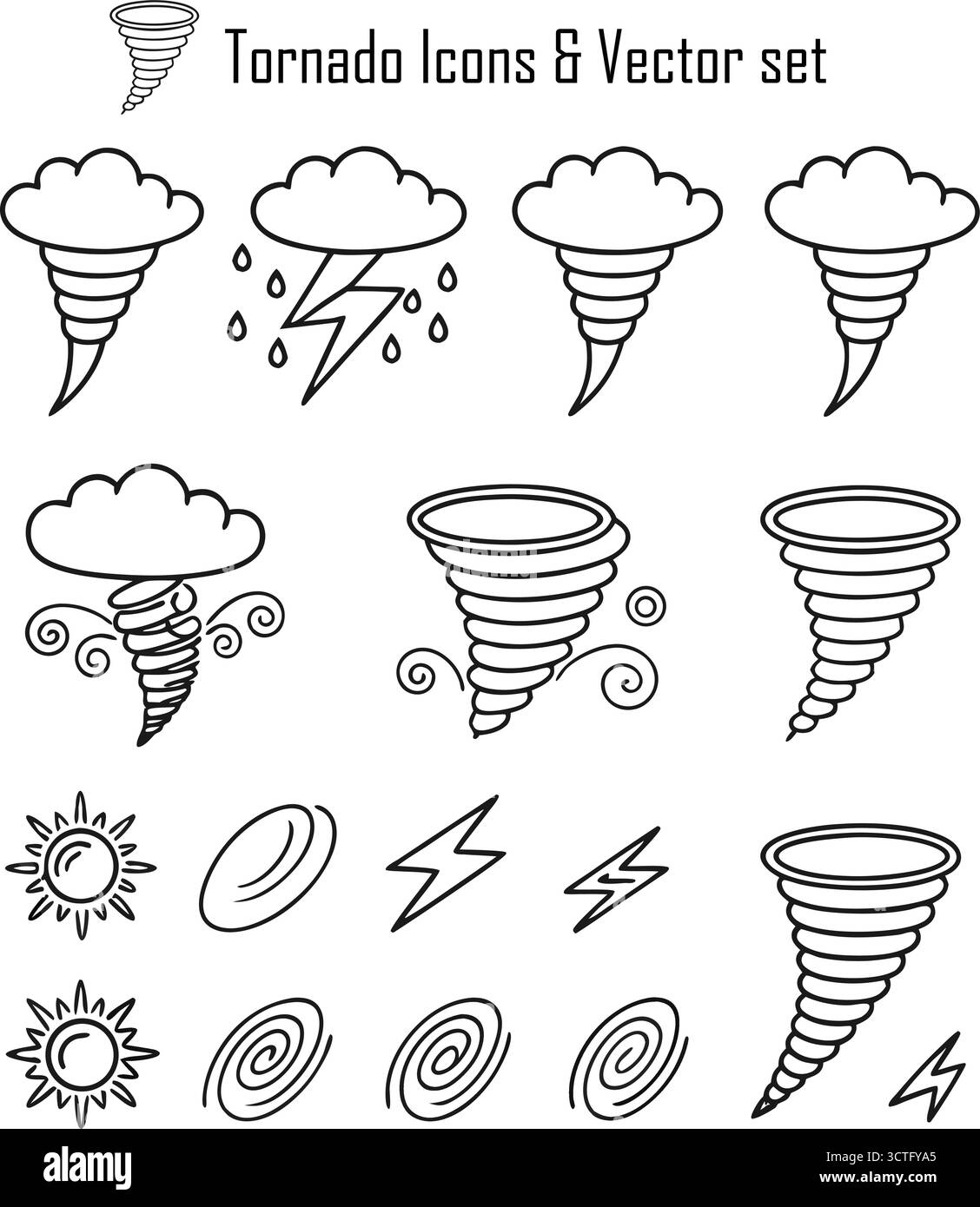 Set icone tornado: Tempesta, catastrofi naturali, Meteo, uragano, illustrazione vettore di avvertimento climatico Illustrazione Vettoriale