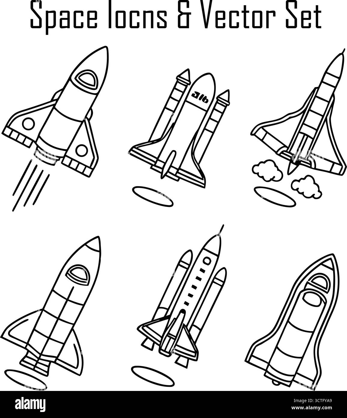 Set icone razzo: Esplorazione spaziale, lancio, astronomia, illustrazione vettoriale della scienza e della tecnologia Illustrazione Vettoriale