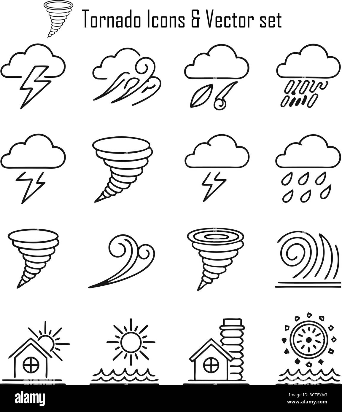 Set icone tornado: Tempesta, catastrofi naturali, Meteo, uragano, illustrazione vettore di avvertimento climatico Illustrazione Vettoriale