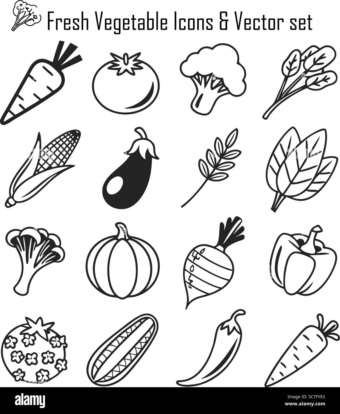 Set icone di verdure fresche – cibo biologico, alimentazione sana, prodotti agricoli illustrazione vettoriale Illustrazione Vettoriale