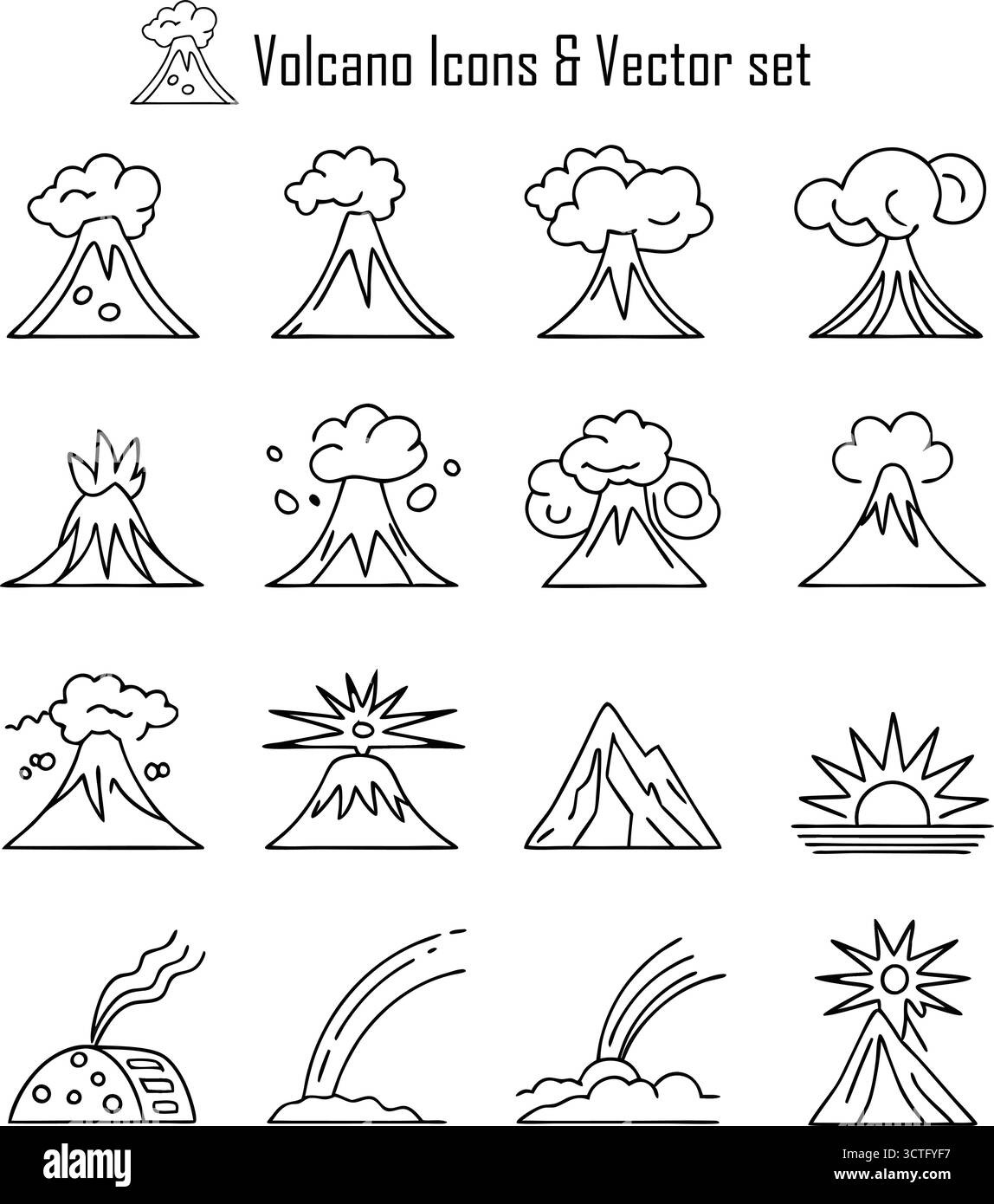 Set di icone del vulcano: Eruzione, lava, montagna, disastro naturale, illustrazione vettore geologico Illustrazione Vettoriale