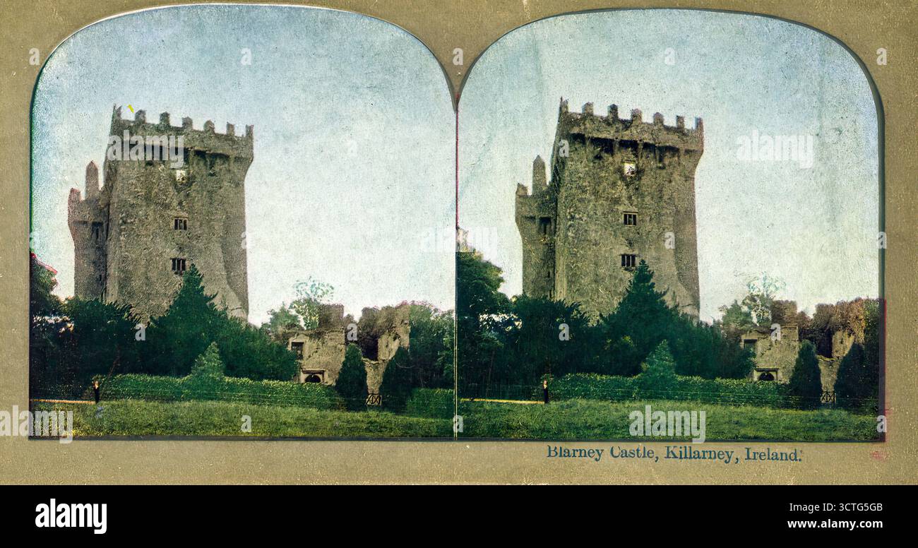 Stereovista del castello di Blarney nella contea di Cork, Irlanda. Foto Stock