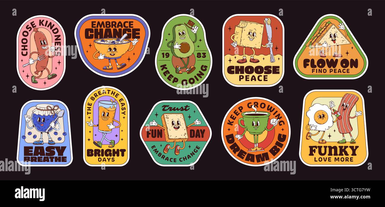 Gli adesivi per la colazione, i cerotti hippie per la colazione. Set di spille di carattere gastronomico retrò con salsiccia, ciotola per cereali, avocado, sandwich, mirtilli, succo di frutta, pane tostato, tazza da caffè, uova e pancetta Illustrazione Vettoriale