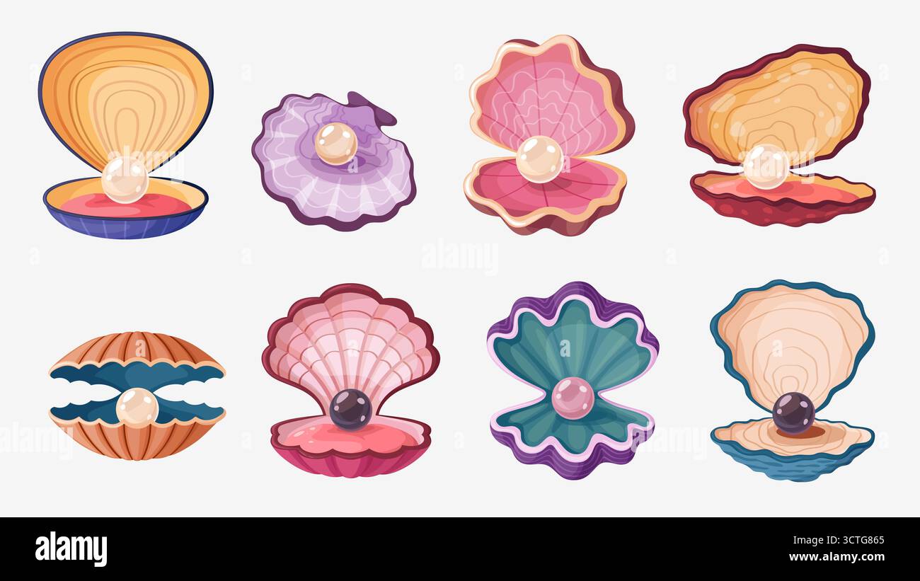 Conchiglie di perle di capesante cartoni animati o ostriche di mare aperto con gioielli e set vettoriale. Conchiglie di capesante o conchiglie di perle madre con palle di perle per fiabe subacquee o tesori sottomarini Illustrazione Vettoriale