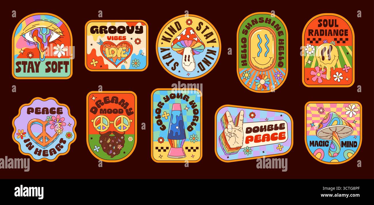 Adesivi per etichette retrò, patch hippie vintage con personaggi psichedelici. Funghi arcobaleno Hippie Vector y2k, fiori, cuore di pace e occhiali da sole, emoji sorridente e adesivi per gli occhi Illustrazione Vettoriale