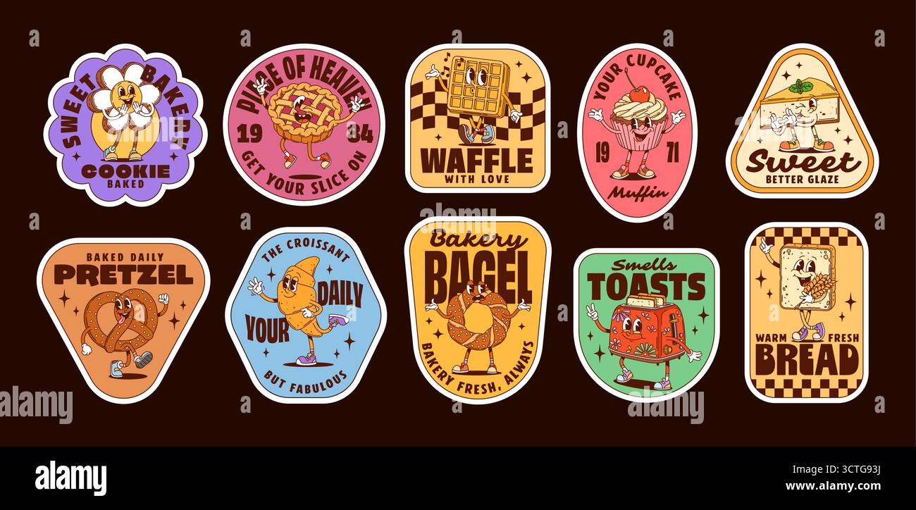 Etichette adesive con caratteri da forno. Set vettoriale di prodotti da forno giocosi, biscotti nostalgici e divertenti, waffle, cupcake, pane e tostapane, ognuno con espressioni allegre e tipografia retrò Illustrazione Vettoriale