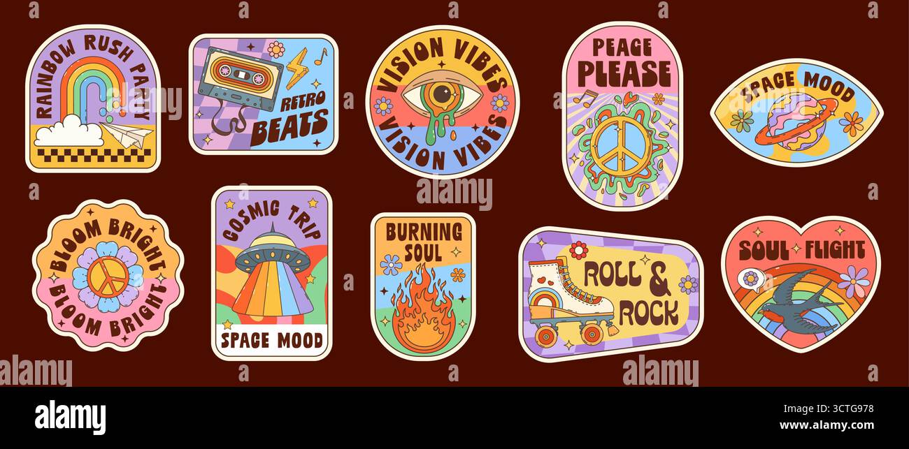 Adesivi hippie Groovy, macchie retrò di arcobaleno psichedelico d'epoca, occhi di fusione, UFO e simbolo della pace. Fuoco vettoriale, margherita hippie e pianeta, cassette retrò e pattini a rotelle adesivi Illustrazione Vettoriale