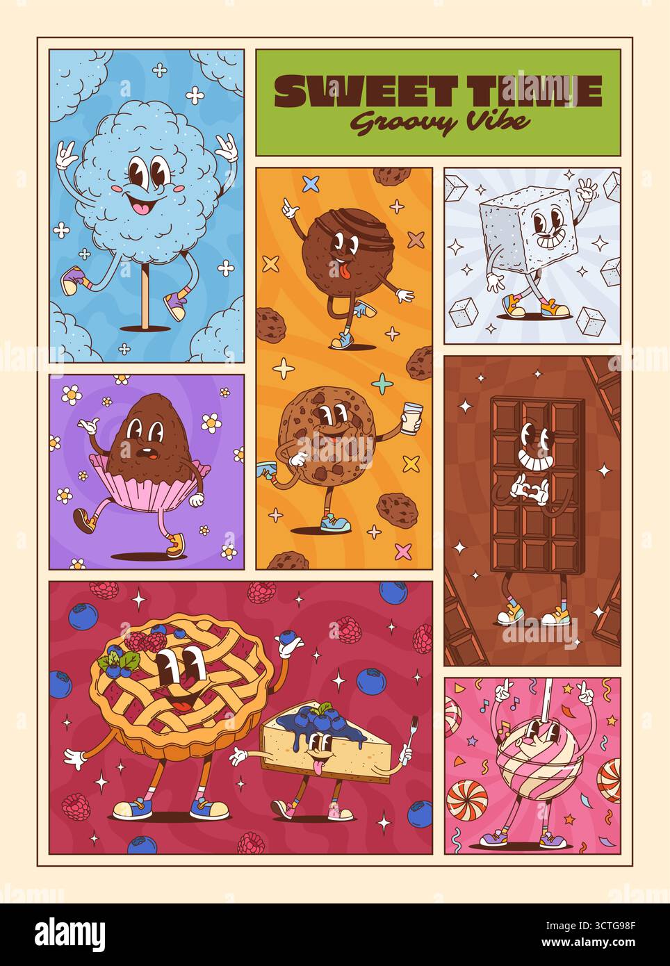 Caramelle e caramelle da dessert, poster di pasticceria Vector retro e prodotti dolciari. Barretta di cioccolato cartoni animati, torta di frutta e cheesecake, biscotti, lecca lecca e zucchero, poster di panetteria Illustrazione Vettoriale