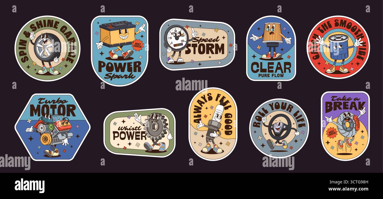 Parti di ricambio per cartoni animati adesivi per etichette e patch per personaggi hippie. Ricambi auto Vector adesivi patch rétro con ruota per auto cartoni animati scanalati, motore per auto, ingranaggio, filtro olio motore e batteria Illustrazione Vettoriale
