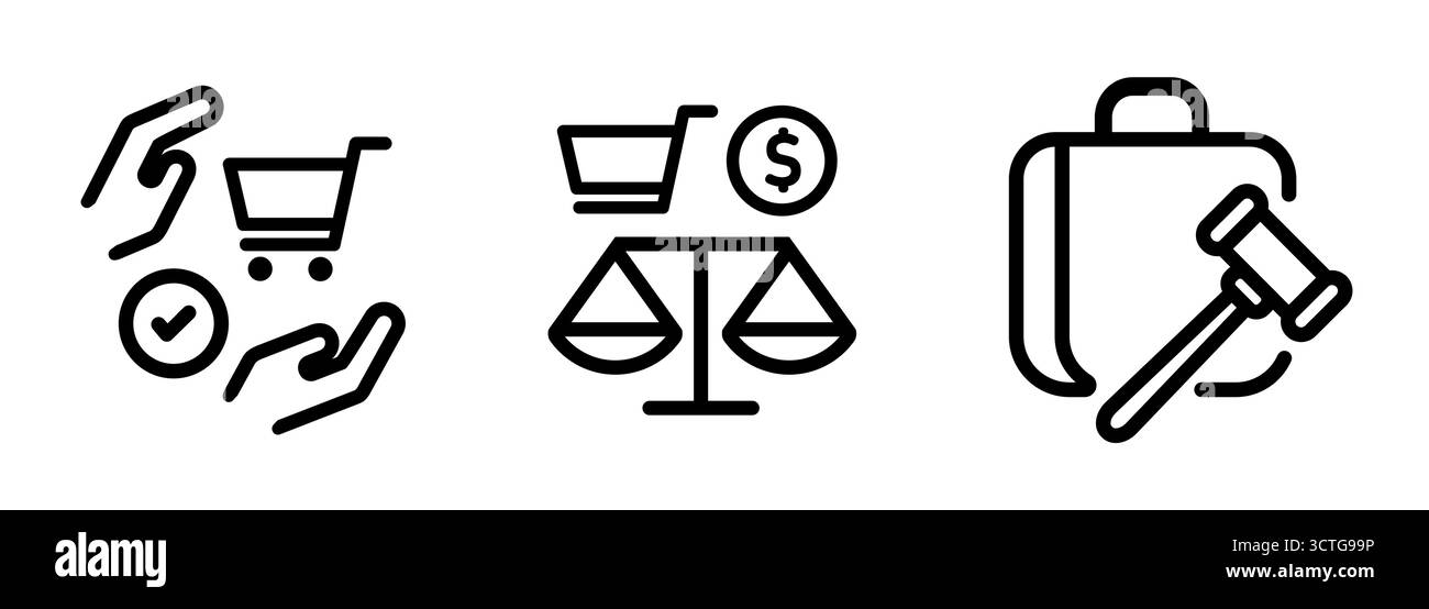 immagine dei principi etici dell'e-commerce e dello shopping online che rappresenta la protezione dei consumatori del commercio equo e solidale e la conformità legale nel commercio Illustrazione Vettoriale