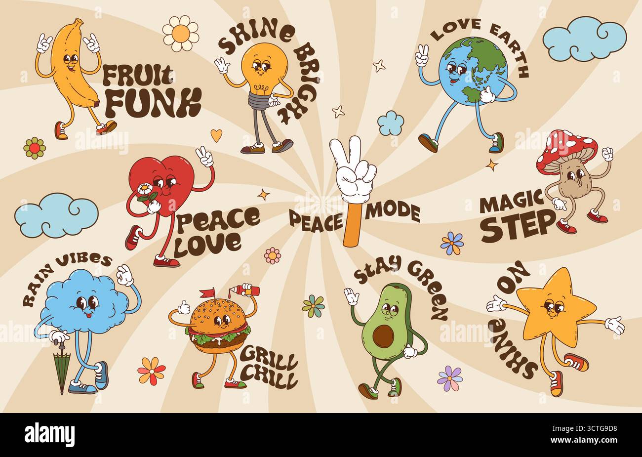 Gli adesivi retrò y2k Groovy con cartoni animati cuore, avocado, hamburger, funghi e pianeti terrestri diffondono messaggi positivi come pace amore, restare verdi e grigliare freddo. Set di patch psichedeliche vettoriali Illustrazione Vettoriale