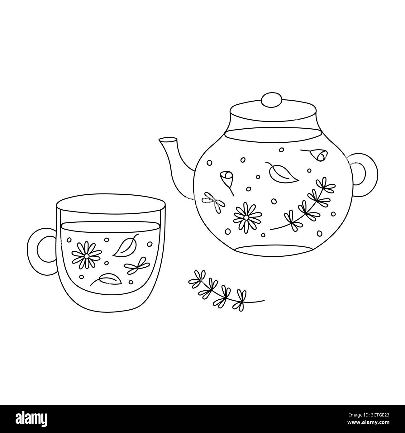 Tè alle erbe e tazza. Disegno di linee, semplice disegno di doodle. Illustrazione vettoriale in bianco e nero. Lineart minimalista di una teiera e tazza con foglie, erbe aromatiche Illustrazione Vettoriale