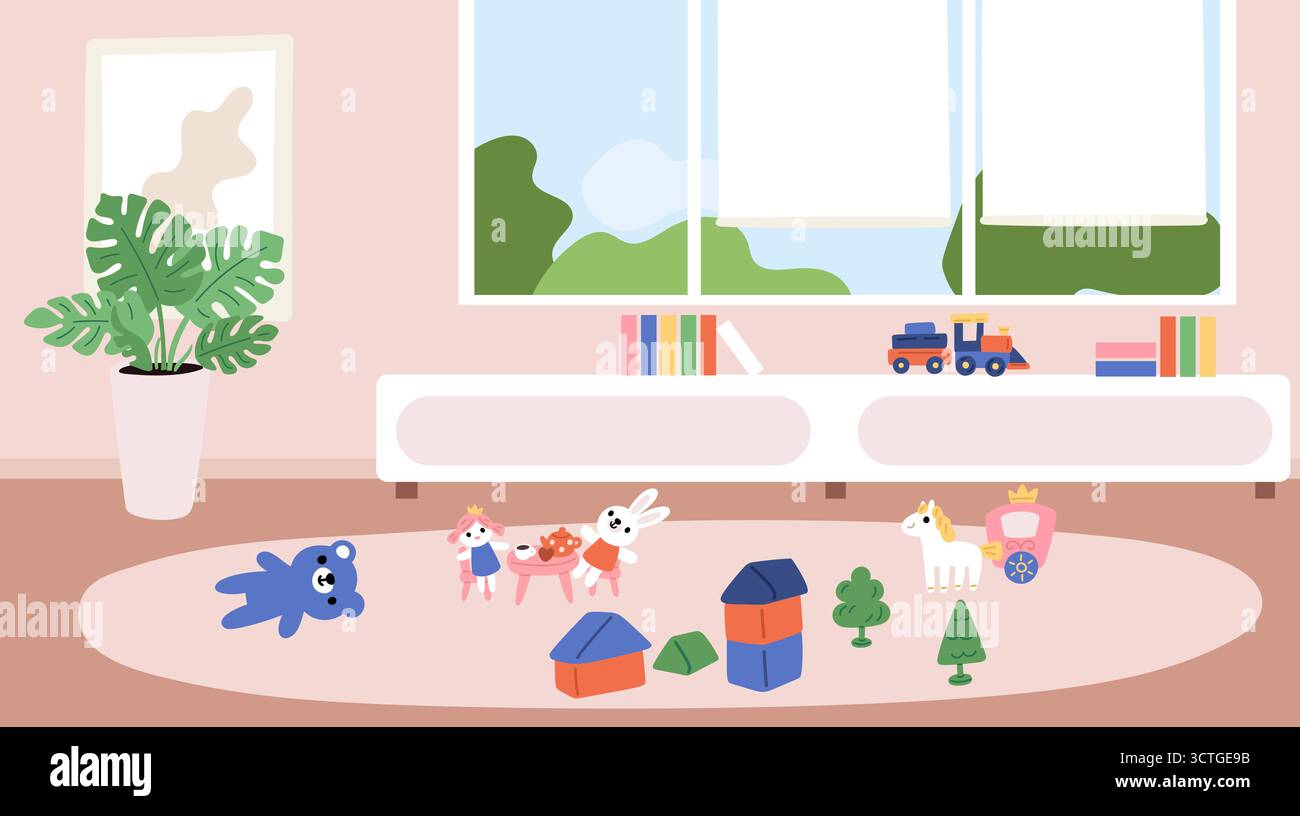 Interno della sala giochi per bambini con giocattoli morbidi e giochi educativi. Stanza vuota del vivaio. Peluche e cubi da gioco sul tappeto. Scuola materna Illustrazione Vettoriale